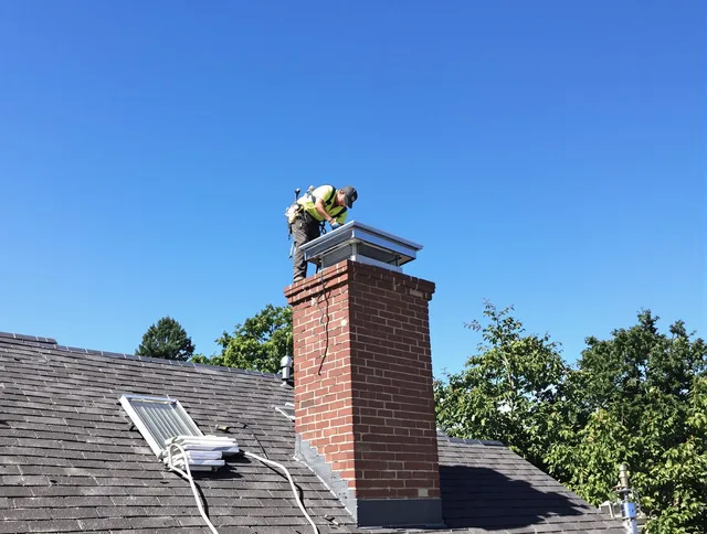 Norfolk Chimney Sweep technician measuring a chimney cap in Norfolk, MA