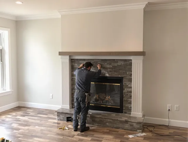 Norfolk Chimney Sweep finishing a custom fireplace install in Norfolk, MA